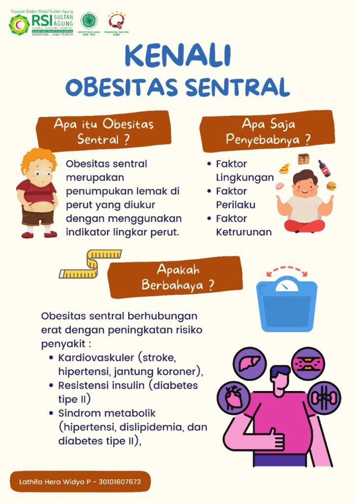 Obesitas sentral, yaitu obesitas yang menyerupai bentuk apel yang mana lemak disimpan pada pinggang dan rongga perut. Penumpukan lemak di perut ini diukur dengan menggunakan indikator lingkar perut. Penumpukan lemak tersebut terjadi akibat adanya lemak berlebihan pada jaringan lemak subkutan dan lemak visceral perut. Obesitas sentral dikatakan lebih berisiko mengalami gangguan kesehatan terutama yang berhubungan dengan penyakit kardiovaskuler Untuk mencegah obesitas,sangatlah penting untuk melakukan hal-hal penting berikut: - Konsumsi makanan sehat dan gizi seimbang, konsumsi buah sayur minimal 5 porsi per hari. - Konsumsi gula, garam dan lemak dengan pedoman G4 G1 L5 (konsumsi Gula maksimal 4 sendok makan atau 50 gram per hari, konsumsi Garam maksimal 1 sendok teh atau 2 gram per hari, konsumsi Lemak maksimal 5 sendok makan atau 67 gram per hari) - Rajin melakukan aktivitas fisik secara teratur seperti berjalan kaki, membersihkan rumah, dan berolah raga, upayakan dilakukan secara BBTT (Baik, Benar, Teratur dan Terukur). - Jaga berat badan agar tetap ideal dan tidak berisiko dengan mempertahankan Indeks Massa Tubuh (IMT) di kisaran 18-23 kg/m2 .